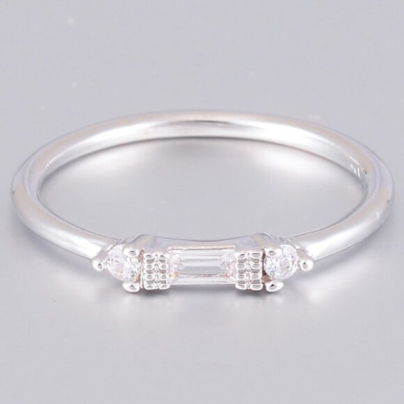 Silver White Chic Rectangle Round Gems Dainty Ring for Women, VIP179 - Picture 2 of 4